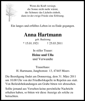 Traueranzeige von Anna Hartmann von Tageszeitung
