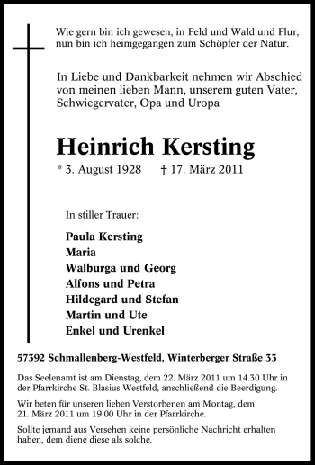 Traueranzeige von Heinrich Kersting von Tageszeitung
