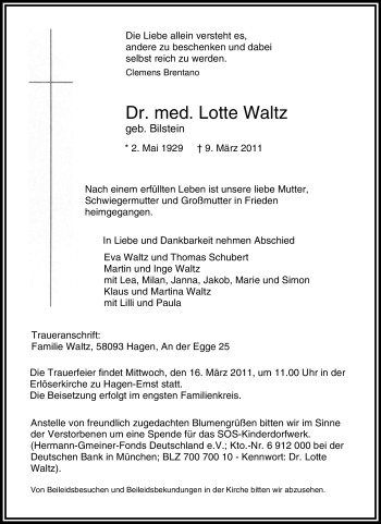 Traueranzeige von Lotte Waltz von Tageszeitung