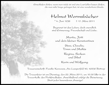 Traueranzeige von Helmut Wormsbächer von Tageszeitung