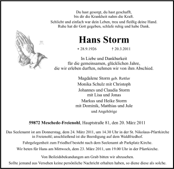 Traueranzeige von Hans Storm von Tageszeitung