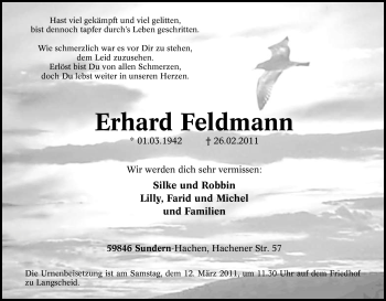 Traueranzeige von Erhard Feldmann von Tageszeitung