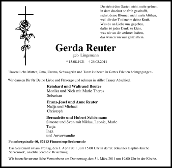 Traueranzeige von Gerda Reuter von Tageszeitung