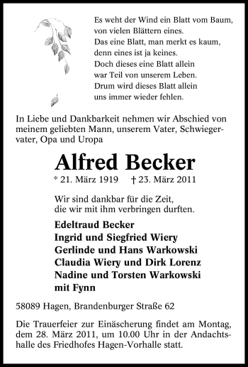 Traueranzeige von Alfred Becker von Tageszeitung