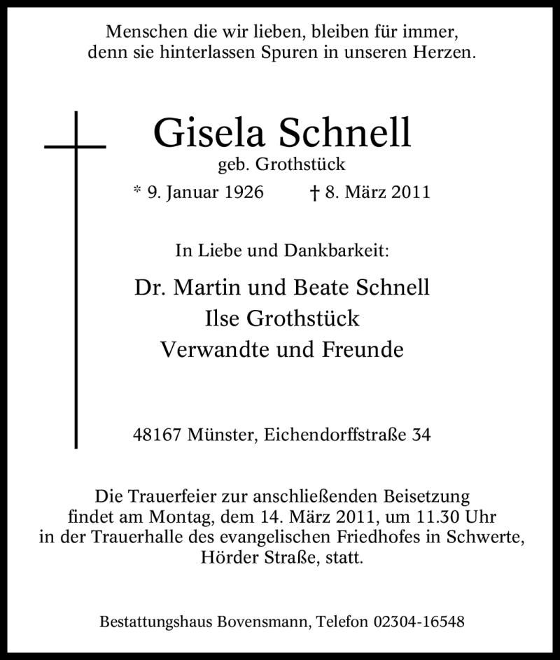  Traueranzeige für Gisela Schnell vom 12.03.2011 aus Tageszeitung