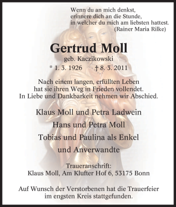 Traueranzeige von Gertrud Moll von Tageszeitung