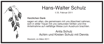 Traueranzeige von Hans-Walter Schulz von Tageszeitung
