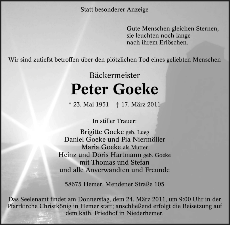  Traueranzeige für Peter Goeke vom 21.03.2011 aus Tageszeitung