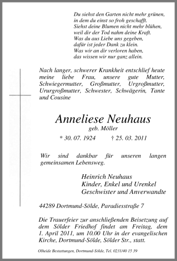 Traueranzeige von Anneliese Neuhaus von Tageszeitung