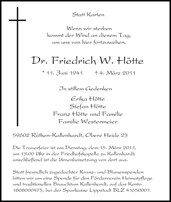 Traueranzeige von Friedrich W Hötte von Tageszeitung