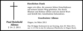 Traueranzeige von Paul Reinhold Aßmus von Tageszeitung