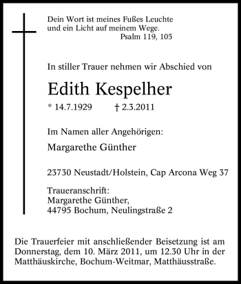 Traueranzeige von Edith Kespelher von Tageszeitung