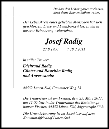 Traueranzeige von Josef Radig von Tageszeitung