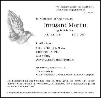 Traueranzeige von Irmgard Martin von Tageszeitung