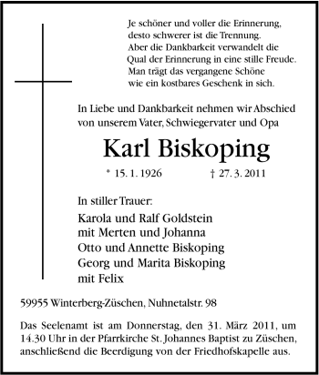 Traueranzeige von Karl Biskoping von Tageszeitung