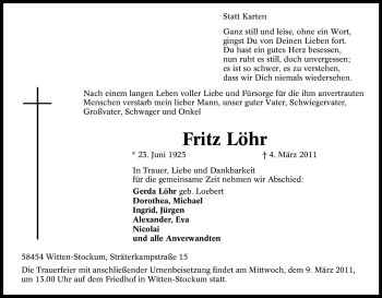 Traueranzeige von Fritz Löhr von Tageszeitung