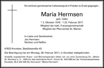 Traueranzeige von Maria Hermsen von Tageszeitung