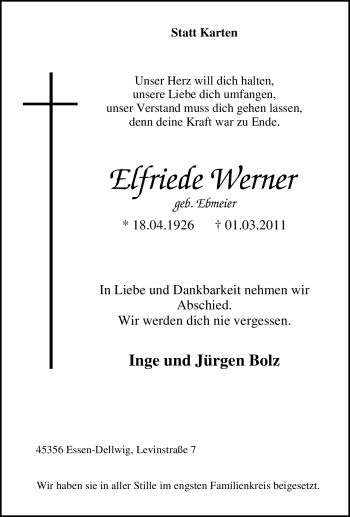 Traueranzeige von Elfriede Werner von Tageszeitung