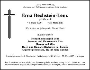 Traueranzeige von Erna Bechstein-Lenz von Tageszeitung