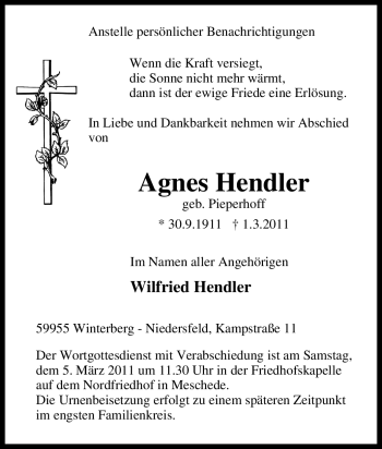 Traueranzeige von Agnes Hendler von Tageszeitung