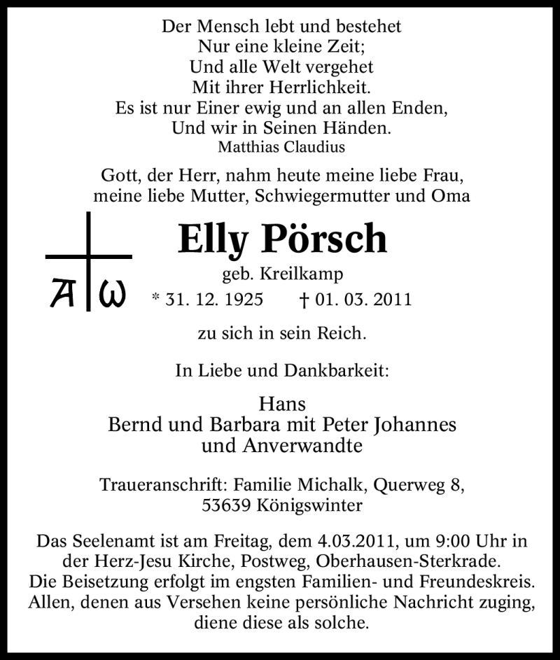  Traueranzeige für Elly Pörsch vom 03.03.2011 aus Tageszeitung