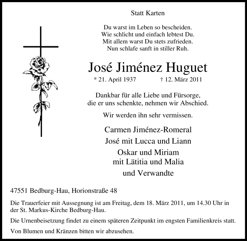  Traueranzeige für Jos Jimnez Huguet vom 15.03.2011 aus Tageszeitung
