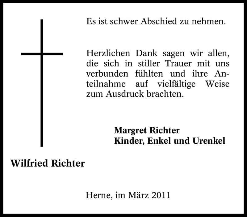  Traueranzeige für Wilfried Richter vom 26.03.2011 aus Tageszeitung