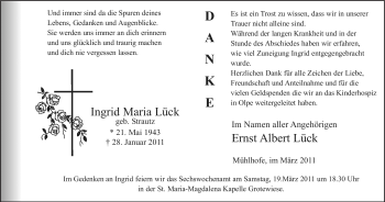 Traueranzeige von Ingrid Maria Lück von Tageszeitung
