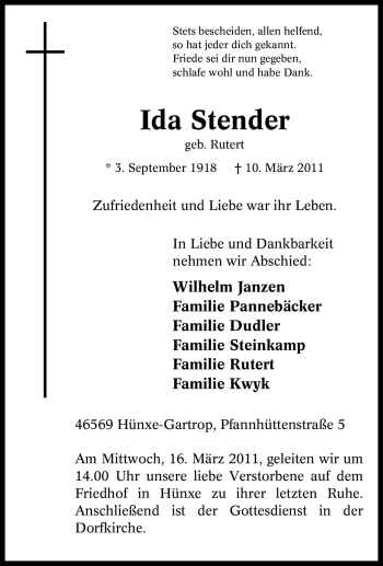 Traueranzeige von Ida Stender von Tageszeitung