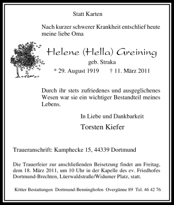 Traueranzeige von Helene Greining von Tageszeitung