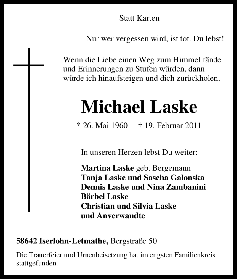  Traueranzeige für Michael Laske vom 03.03.2011 aus Tageszeitung