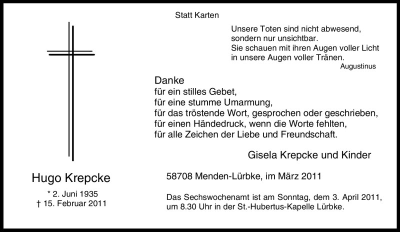  Traueranzeige für Hugo Krepcke vom 26.03.2011 aus Tageszeitung