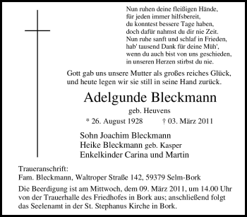 Traueranzeige von Adelgunde Bleckmann von Tageszeitung