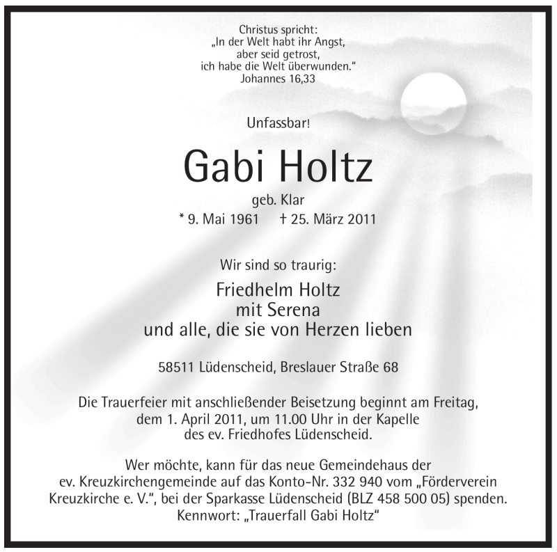  Traueranzeige für Gabi Holtz vom 29.03.2011 aus Tageszeitung