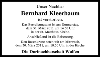 Traueranzeige von Bernhard Kleerbaum von Tageszeitung