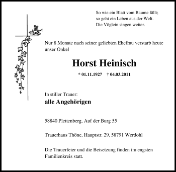 Traueranzeige von Horst Heinisch von Tageszeitung