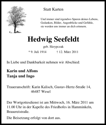 Traueranzeige von Hedwig Seefeldt von Tageszeitung