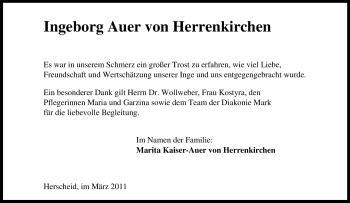 Traueranzeige von Ingeborg Auer von Herrenkirchen von Tageszeitung