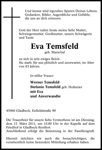 Traueranzeige von Eva Temsfeld von Tageszeitung