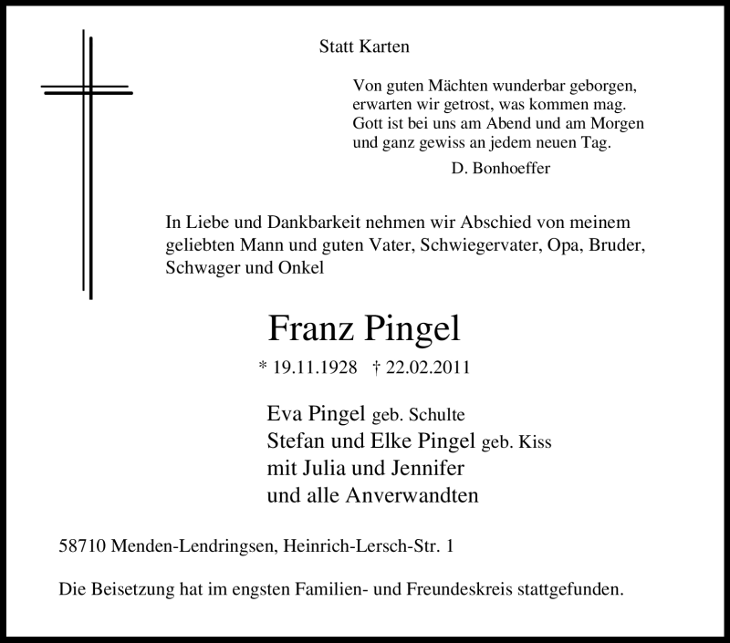  Traueranzeige für Franz Pingel vom 02.03.2011 aus Tageszeitung