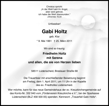 Traueranzeige von Gabi Holtz von Tageszeitung