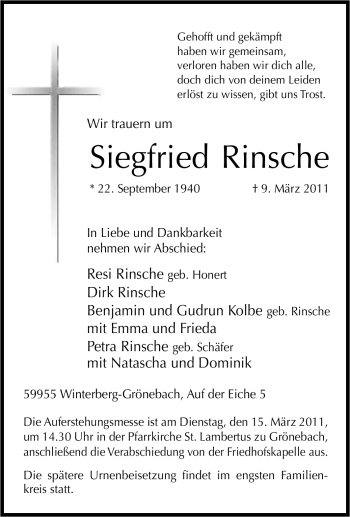 Traueranzeige von Siegfried Rinsche von Tageszeitung