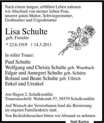 Traueranzeige von Lisa Schulte von Tageszeitung