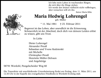 Traueranzeige von Maria Hedwig Lohrengel von Tageszeitung