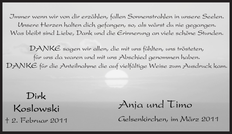  Traueranzeige für Dirk Koslowski vom 19.03.2011 aus Tageszeitung
