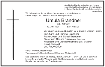 Traueranzeige von Ursula Brandner von Tageszeitung