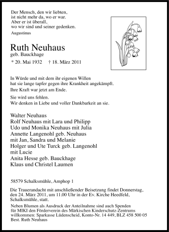 Traueranzeige von Ruth Neuhaus von Tageszeitung