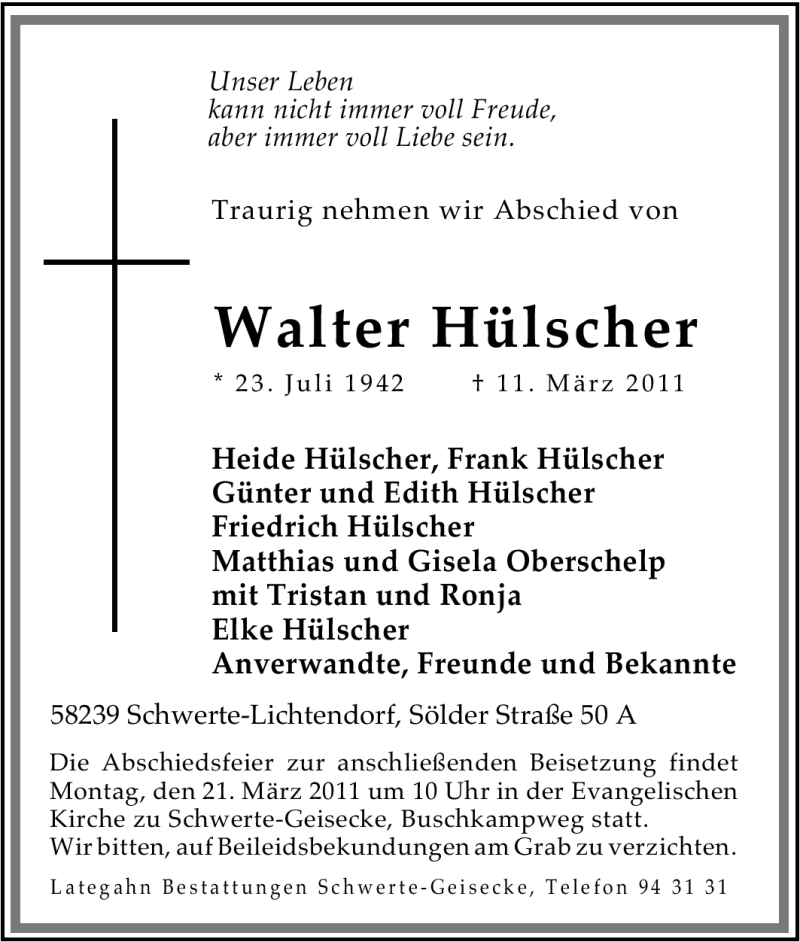  Traueranzeige für Walter Hülscher vom 17.03.2011 aus Tageszeitung