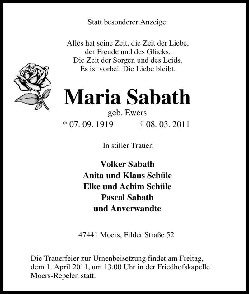  Traueranzeige für Maria Sabath vom 28.03.2011 aus Tageszeitung