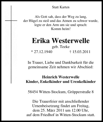 Traueranzeige von Erika Westerwelle von Tageszeitung